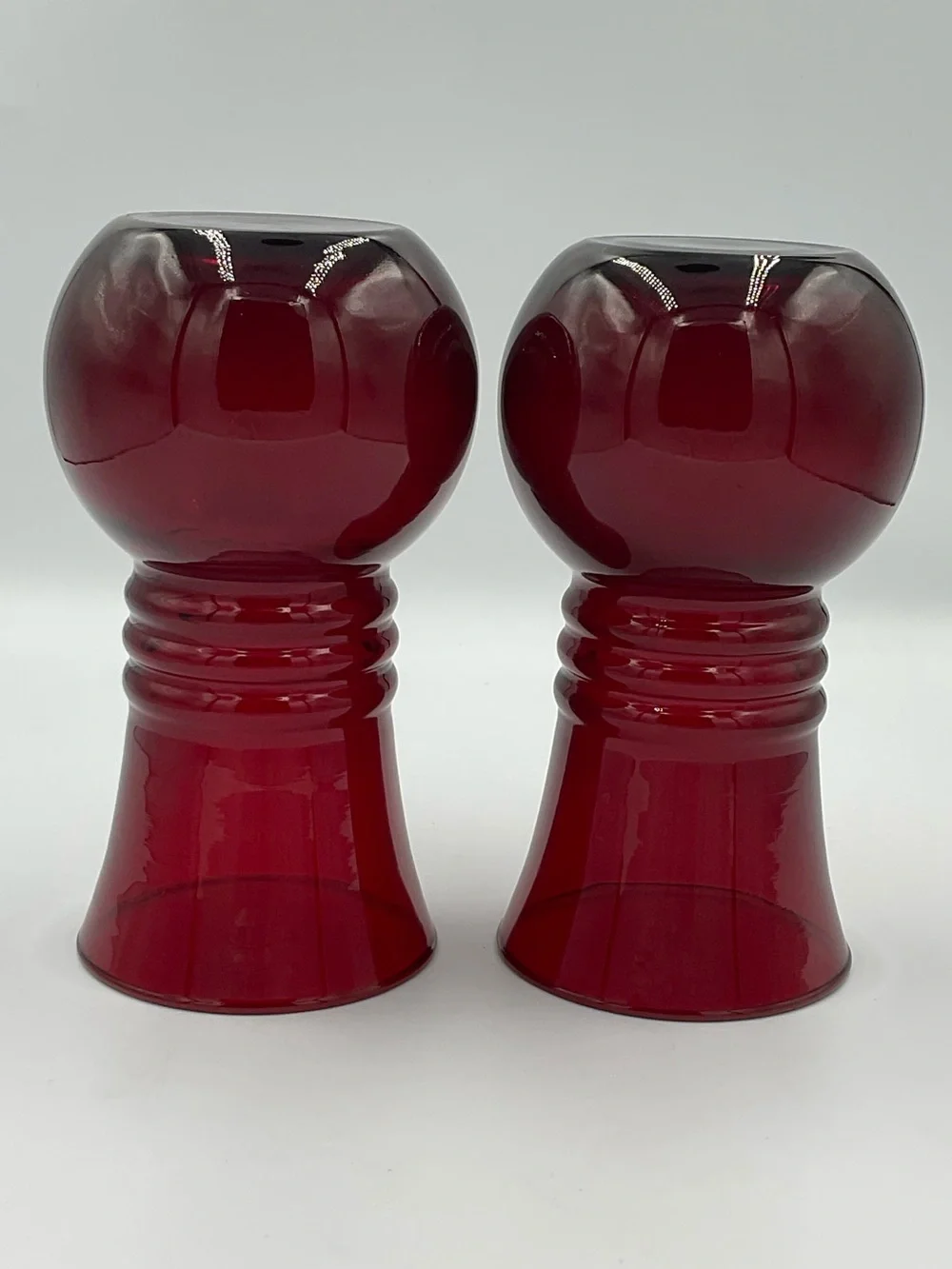 Vintage Anchor Hocking Royal Ruby Red Optic Swirl Ball Vases Set of 2